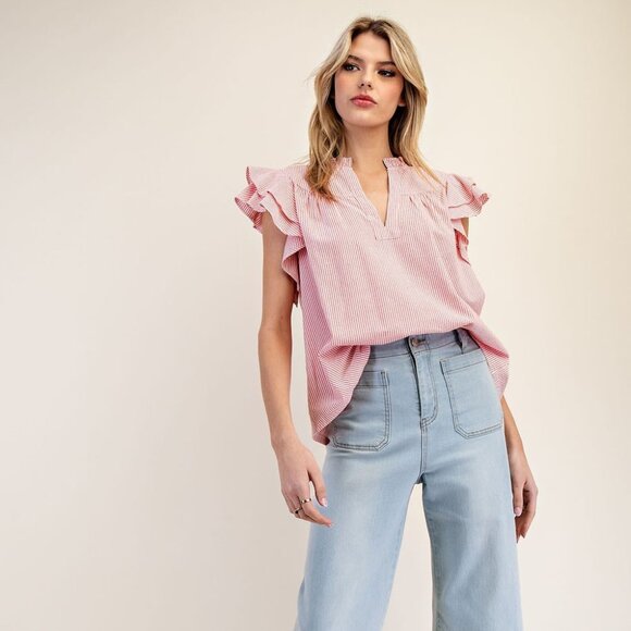 EE:SOME RED & WHITE STRIPED RUFFLE TOP - Picture 1 of 4